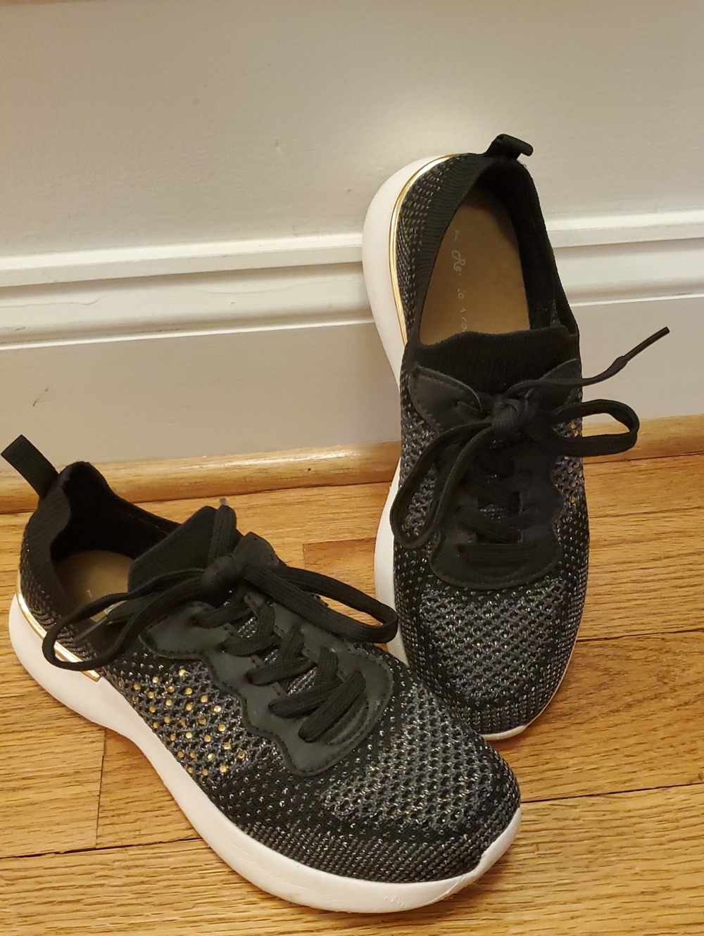 Lightweight, Black And Gold Slip On Sparkly Sneakers